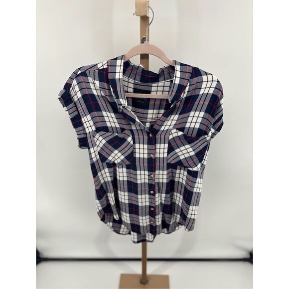 Jachs Girlfriend Plaid Shirt Short Sleeve Button Up Blue Red Women’s Size Medium - Picture 5 of 8